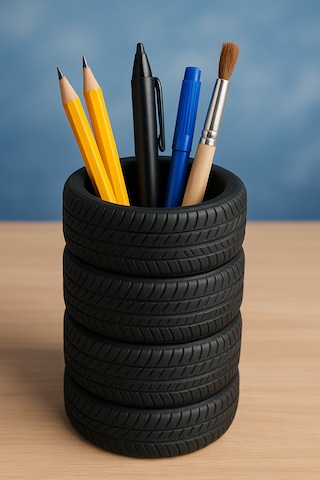 Gerçek Lastik Desenli Kalemlik Kalem Kutusu Masa Kalemliği Ebatlar: 8,5 Cm X 10 Cm 3d Baskı Pla Malzeme Siyah