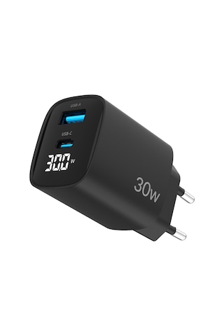 Juo 30W Gan Led Ekranlı Type-c + Usb-a Hızlı Şarj Cihazı Android & Apple Uyumlu iPhone Şarj Aleti