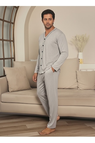 Erkek Önden Düğmeli Uzun Kollu Pijama Takım A.gri