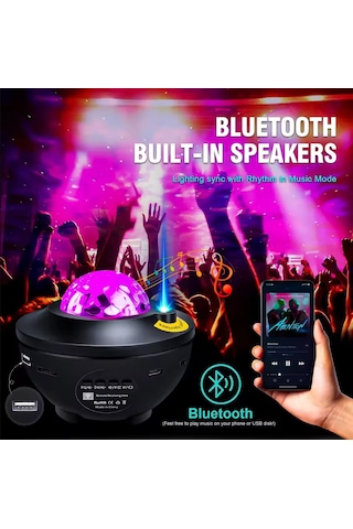 Bluetoothlu Hoparlörlü Müzikli Projektörlü Led Işık Yansıtmalı Çocuk Bebek Odası Gece Lambası Siyah