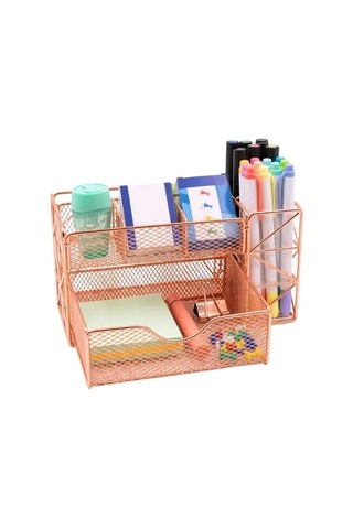 Rose Gold Metal Mesh Masaüstü Organizer Çekmeceli Çok Bölmeli 21.8x11.5x11 Cm 9510 Genel