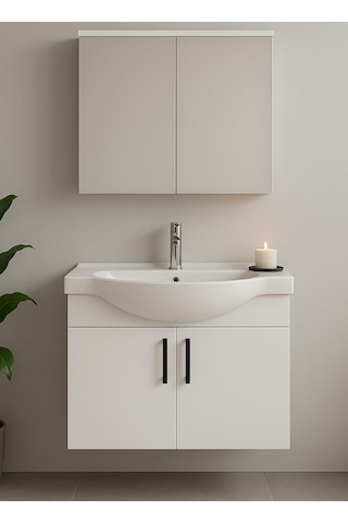 Nova 80 Cm Mdf Beyaz, Oval Seramik Lavabo, Banyo Dolabı Beyaz