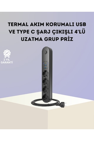 Akım Korumalı Çoklu Priz 4 Lü 2 Usb 1 Type-c 2500w Güçlü Tasarım 1 - 3 M