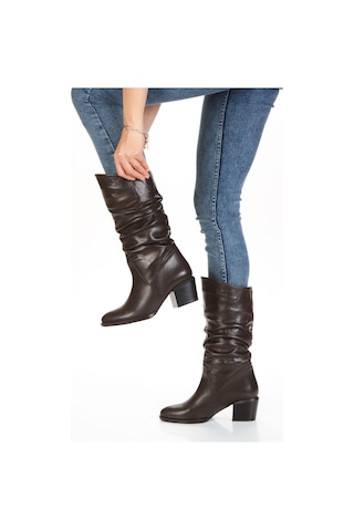 Hakiki Deri İçi Tay Tüyü Astarlı Büzgülü Körüklü Kahverengi Çizme Kahverengi