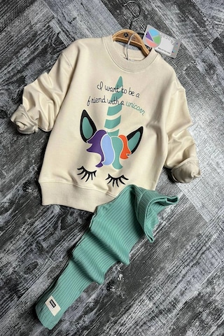 Koçak Kids Unicorn Desenli Kız Çocuk Yeşil Renk Taytlı Takım Yeşil