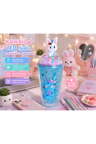 Çift Katmanlı İçecek Bardağı Led Işıklı Pipetli Kawaii Chibi Sevimli Tavşan Figürlü Suluk 450ml Mavi
