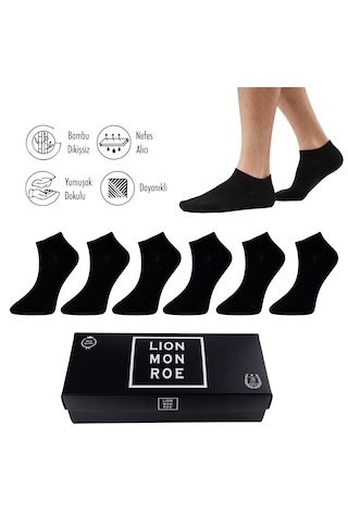 Lion Monroe Saf Bambu Erkek Patik Düz Kısa Siyah Çorap Dikişsiz Premium Kutulu 6'lı L5952aznp Softaura