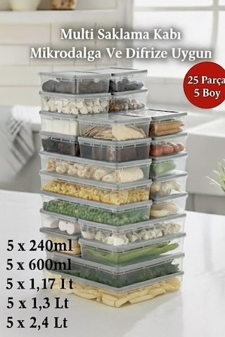 25 Parça 5 Boy Multi Saklama Kabı Seti Difrize Ve Microdalgaya Uygun Şeffaf