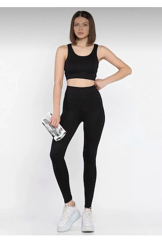 Butik Siyah Kadın Kalın Askılı Fitilli Crop Yüksek Bel Sporcu Tayt İkili Takım SiYAH