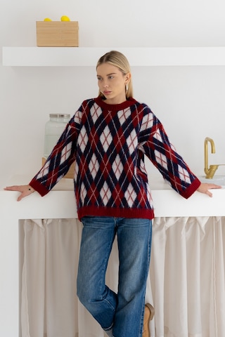 Noa & Noa Kadın Oversize Sardonlu Tiftik Kazak Yumoş Dokulu & Desenli Bordo