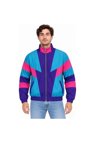 Veraura Lifestyle Erkek 80 Ler Retro Wintage Dijital Baskılı Fermuarlı Rüzgar Kesici Mevsimlik Ceket Çok Renkli