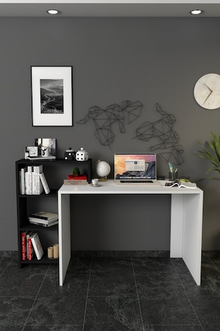 Moonlife Ahsen Kitaplıklı Çalışma Masası Beyaz Siyah Beyaz