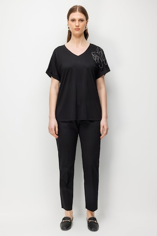 On Kadın Büyük Beden Tek Omzu Zincirli V Yaka T-shirt 71368 Siyah