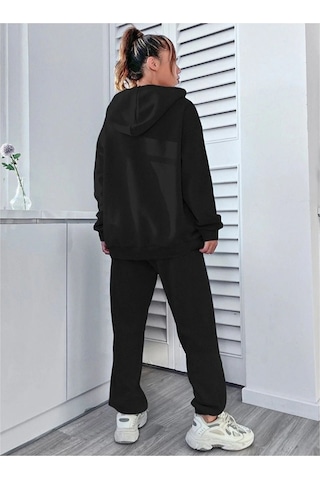 Carlson Eşofman Takımı Sweatshirt Jogger - Siyah Baskılı Oversize Şardonlu Kapüşonlu Siyah