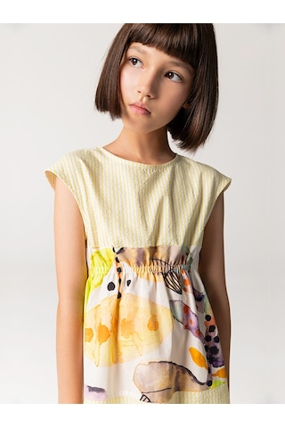 Sheshe Kısa Kollu Pamuklu Sarı Kız Çocuk Elbise Renkli