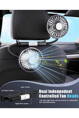 Yifomall Araba Arka Koltuk 360 Döner Usb Fan - 3 Hızlı Çift Başlı Led Işıklı Soğutucu, 12v/24v Uyumlu, Kolay Kurulum