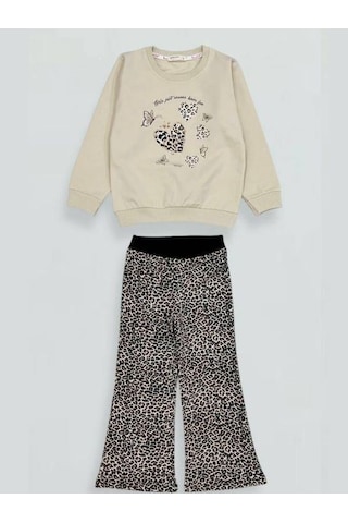 Kız Çocuk Leopar Desenli Pamuklu Eşofman Takım-15333 Bej