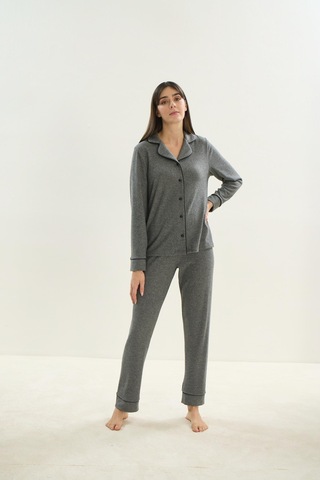 Kadın Uzun Kol Triko Önden Düğmeli Gri Melanj Pijama Takım C1t8n9o51 001