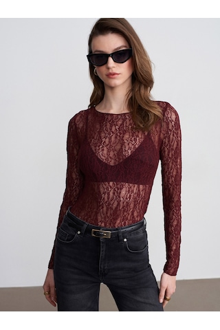 Dilvin 32764 Kayık Yaka Dantel Top-bordo
