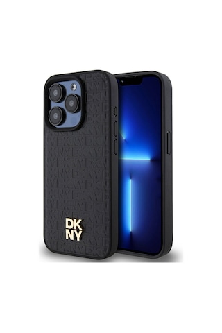 Apple Uyumlu iPhone 15 Pro Kılıf Dkny Lisanslı M-safe Şarj Özellikli 3d Yazılı Repeat Pattern Kapak Siyah