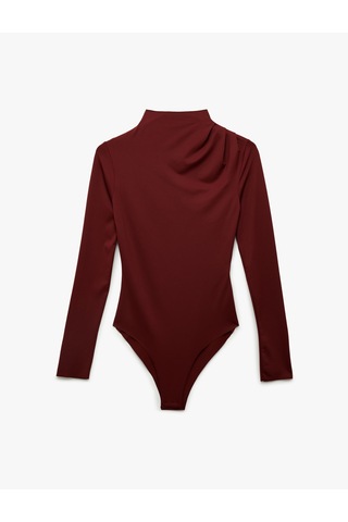 Koton Slim Fit Uzun Kollu Dik Yaka Drape Detaylı Bodysuit Bordo 6sak80065ek