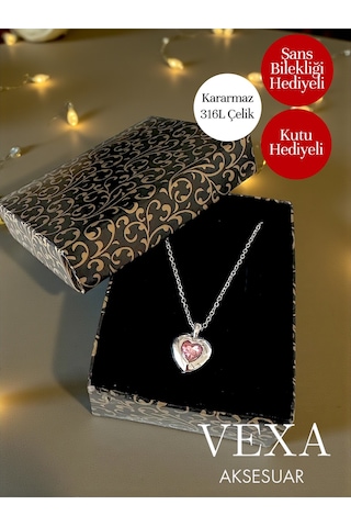 Amora Kalp Model Taşlı Kararmaz 316l İthal Çelik Kolye - Kutu Ve Şans Bilekliği Hediye Pembe