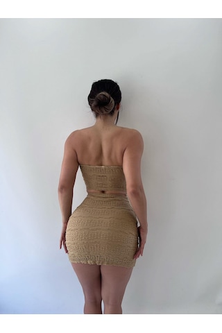 Bej Dantel Strablez Tokalı Etekli İkili Takım Bej