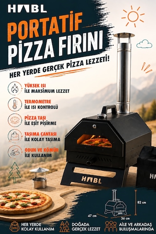 Habl Portatif Pizza Fırını Odun Ve Kömürlü Taşıma Çantalı Pizza Taşı Dahil Kamp Tipi Fırın Siyah