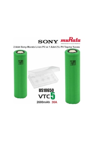 Sony VTC5 18650 3.7V 2600 mAh 30A Li-ion Şarj Edilebilir Pil 2'li + Pil Taşıma Kutusu