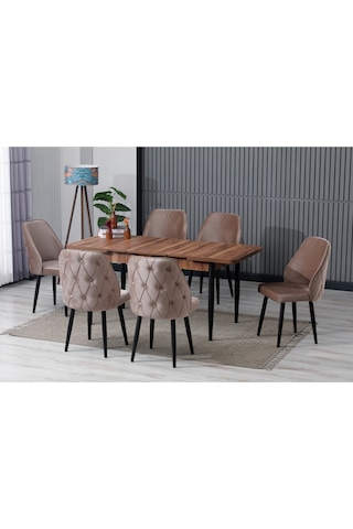 Elor Ahşap Desen 80x132 Açılabilir Mdf Masa Yemek Odası Takımı Mutfak Takımı 6 Sandalyeli Kahverengi