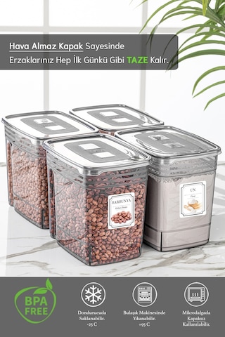 Meleni Home 4'lü 5,5 Litre Jumbo Boy Lena Un Kabı - Kapaklı Erzak Bakliyat Saklama Kabı - Malzeme Saklama Kutusu