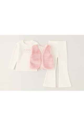 Kız Çocuk Pembe Renk Peluş Yelekli 3 Parça Alt Üt Takım Toz Pembe