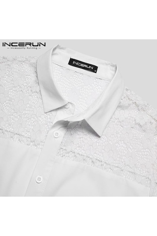 Incerun Erkek Dantel Patchwork T-shirt Yaz Kısa Kollu Düğmeler Aşağı Transparan Üstler Örgü Gömlek Erkek Giyim Beyaz