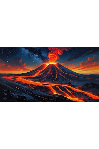Doğa Ve Manzara Yatay Yıldızlı Gecede Parlayan Lavlarla Patlayan Yanardağ 03 Çerçevesiz 90x60cm Pvc Tablo