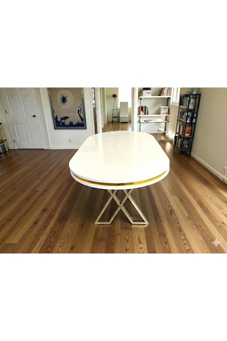 Msy Home Beyaz Gold Detaylı Lake Panel 90 170 Cm Oval Masa Beyaz