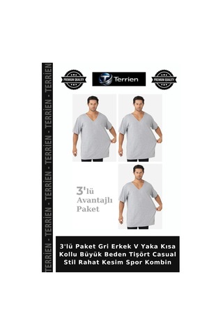 Terrien 3'lü Paket Gri Erkek V Yaka Kısa Kollu Büyük Beden Tişört Casual Stil Rahat Kesim Spor Kombin Gri-3