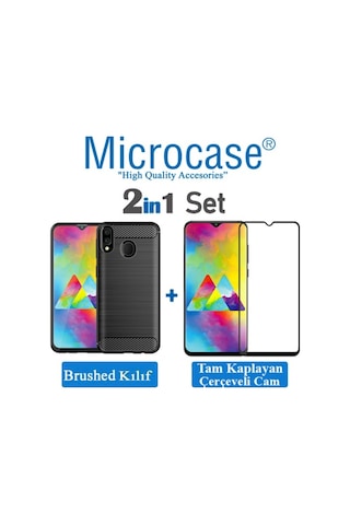 Samsung Uyumlu Galaxy M20 Brushed Kilif + Tam Kaplayan Çerçeveli Cam 350408087