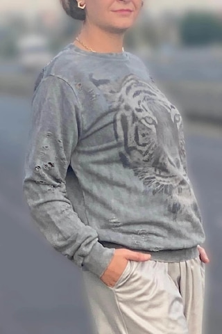 Kadın Gri Kaplan Desenli Sweat Gri