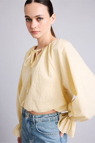 Defacto Regular Fit Büzgülü Balon Kollu Crop Poplin Basic Bluz I4684ax26aubg355 Bej-bg355
