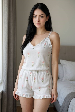 Civetta Şıktasarım Beyaz Üstüne Çiçek Desenli Askılı Şortlu Pijama Takımı Civetta Şıktasarım Beyaz Üstüne Çiçek Desenli Askılı Şortlu Pijama Takımı