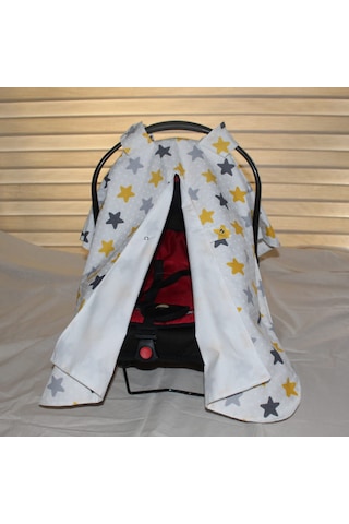 Bebek Puset Örtüsü Çift Katlı Astarlı Puset Örtüsü Sarı Yıldız Desenli Çıt Çıtlı Puset Örtüsü Açık Sarı