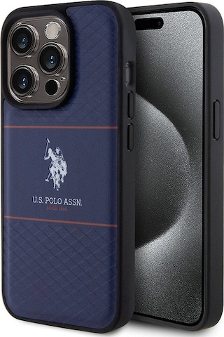 Apple Uyumlu iPhone 15 Pro Kılıf U.s. Polo Assn. Lisanslı Deri Şeritli Logo Dizayn Kapak Lacivert