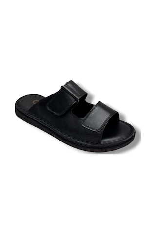 Cakgo 182-26 Hakiki Deri Ultra Soft Çift Bant Cırtlı Anatomik Erkek Terlik 40-47 Siyah