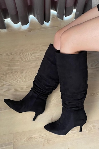 Asmi Shoes Kadın Oslo Topuklu Körüklü Şık Tarz Günlük Rahat Çizme Siyah Süet Siyah