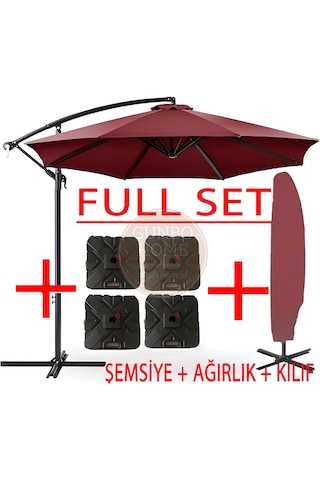 Gunbo Home 3 Mt 8 Kaburga Full Demir 21 Kg Bordo Bahçe Şemsiyes
