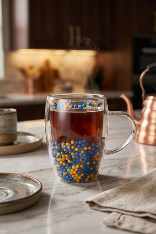 Makri Home Çift Cidarlı Sarı Lacivert Cam Kupa 350 Ml Isıya Dayanıklı Çok Renkli