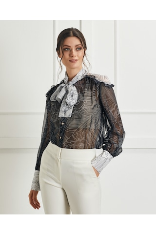 Fular Yaka Detaylı Transparan Desenli Gömlek Feminen Ve Şık Tasarım Siyah