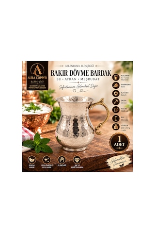 Bakır Dövme Ayran Bardağı 300 Ml İçi Kalaylı Kulplu El Yapımı Su Meşrubat Bardağı Kupa - - Bakır Bileklik Hediyedir Trs-0164