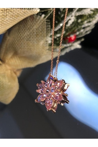 Vog Pembe Taşlı Lotus Çiçeği Büyük Boy 925 Ayar Gümüş Sevgiliye Eşe Anneye Kolye