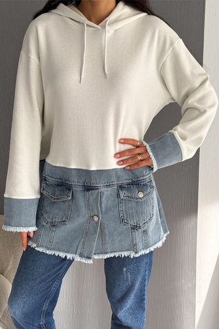 Femelle Kadın Kapüşonlu Kot Denim Detaylı Düğmeli Tasarım Sweatshirt beyaz